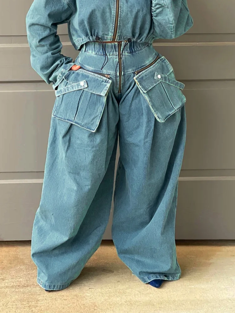 CHICEVER Casual Loose Spliced Pockets Denim Cargo Pants For Women High Waist Patchwork Zipper Streetwear Chic Trousers Female