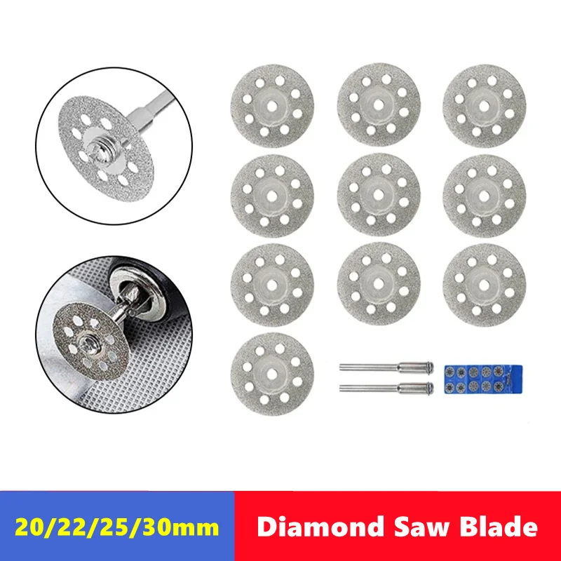 Lama per sega diamantata da 12 pezzi 20mm 22mm 25mm 30mm con mandrino per utensili rotanti Dremel Mini disco da taglio diamantato