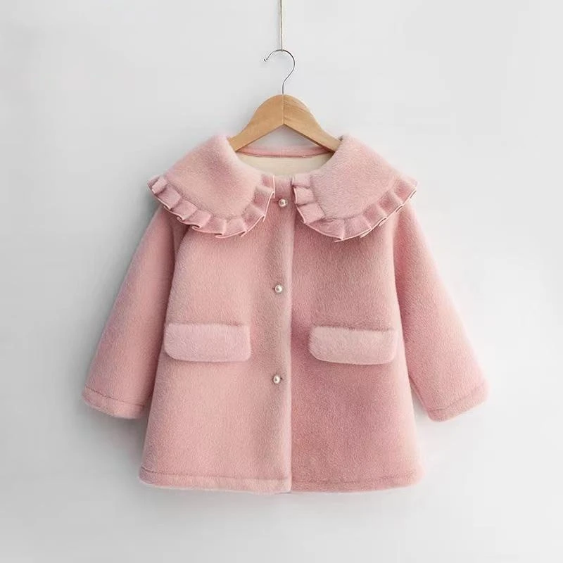 

Girls Woolen Coat Jacket Windbreak 2023 Pink Warm Thicken Winter Cotton Overcoat Plus Size Children's Clothing