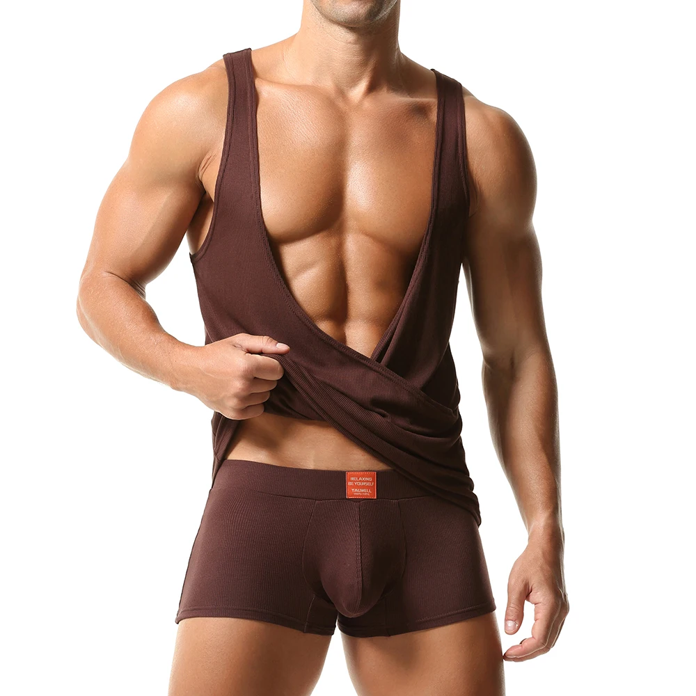 Mens Sleeveless Deep V Neck Loose Casual Summer Homess  Basic Tees and Boxers