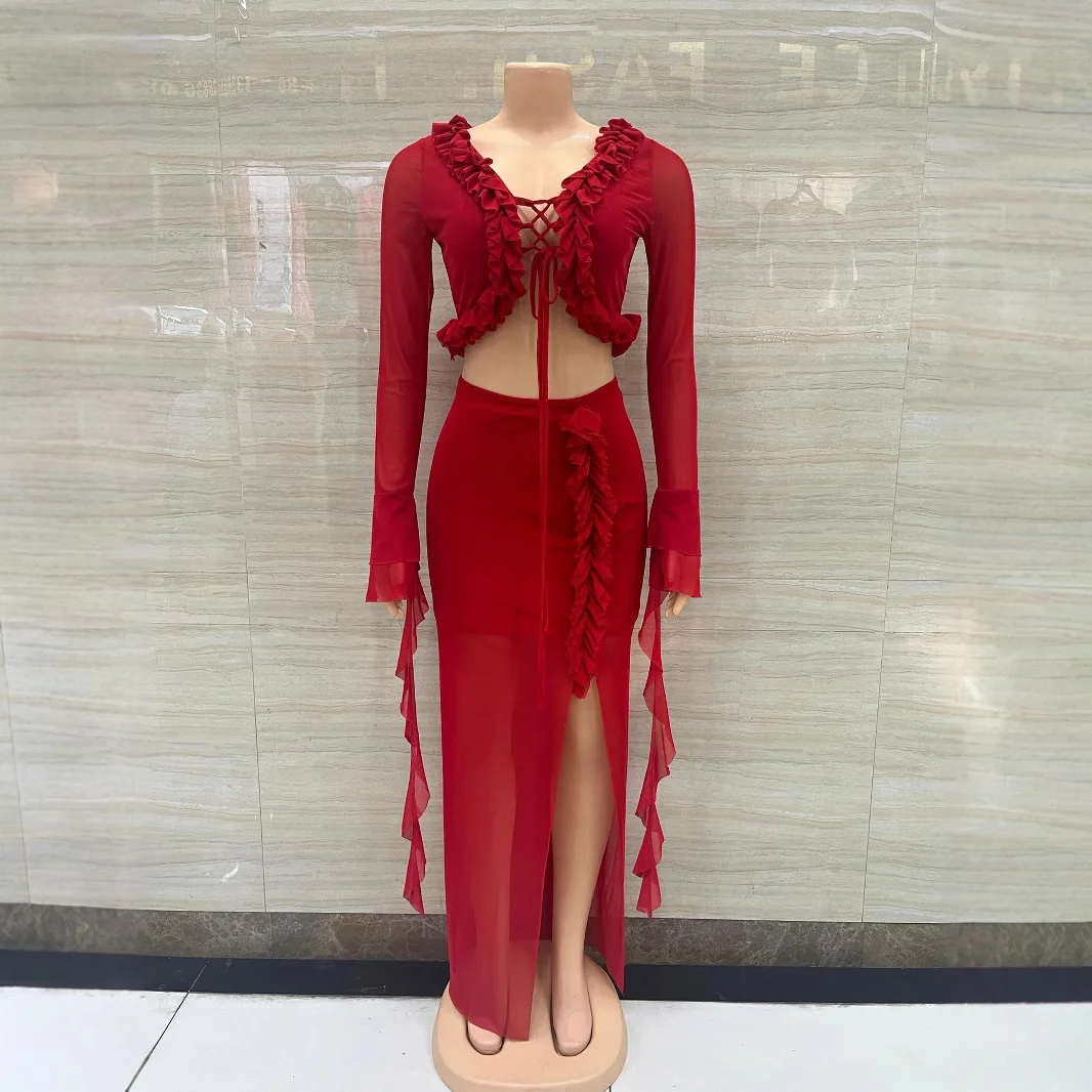 Cardigan aperto sexy Sa e gonna lunga avvolgente Set Faion da donna Nuovo arrivo transfrontaliero V-Ne Long Sve Casual Spo...