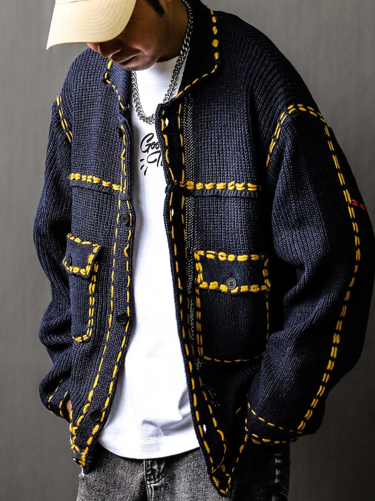 

2025 American Heavy Industry Retro Men's Loose Large Casual Coat Spring and Autumn Collar Top Knitted Sweater