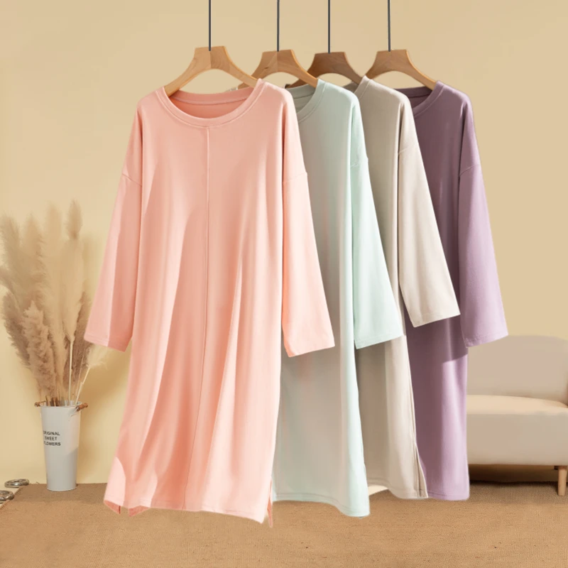 Long Sleeve Sleep Dress Women's Autumn Winter Sleepwear Velvet Loose Home Clothes Long Dress Robe round Neck No Button Pure C...