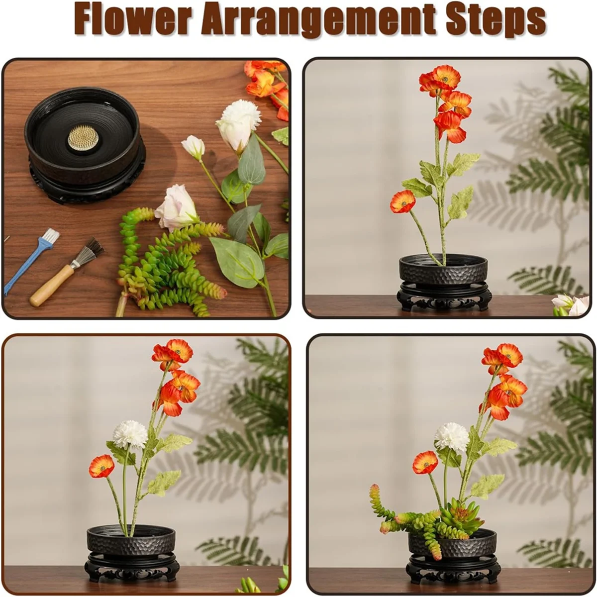 AA98 Ikebana Kit with 2.1-Inch Flower Frog,Ceramic Flower Pot,Needle Straightening Tool,Flower Pot Base, and Cleaning Hollow