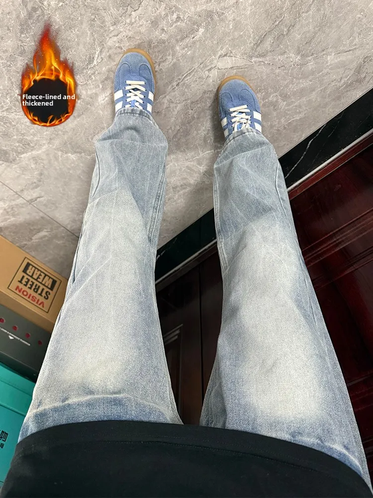 

Light Blue Fleece Lined Men's Jeans Winter American High Street Style Straight Leg Micro Flared Pants Youth Casual Wear
