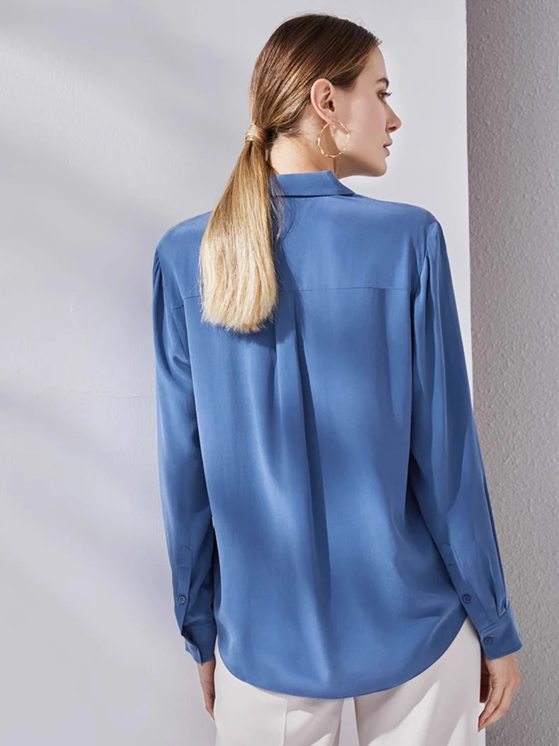 SuyaDream, Woman Solid Shirts, 100%Silk Crepe, Long Sleeved, Chest Pocket Chic Blue Blouses, 2024 Spring Summer Office Lady Top