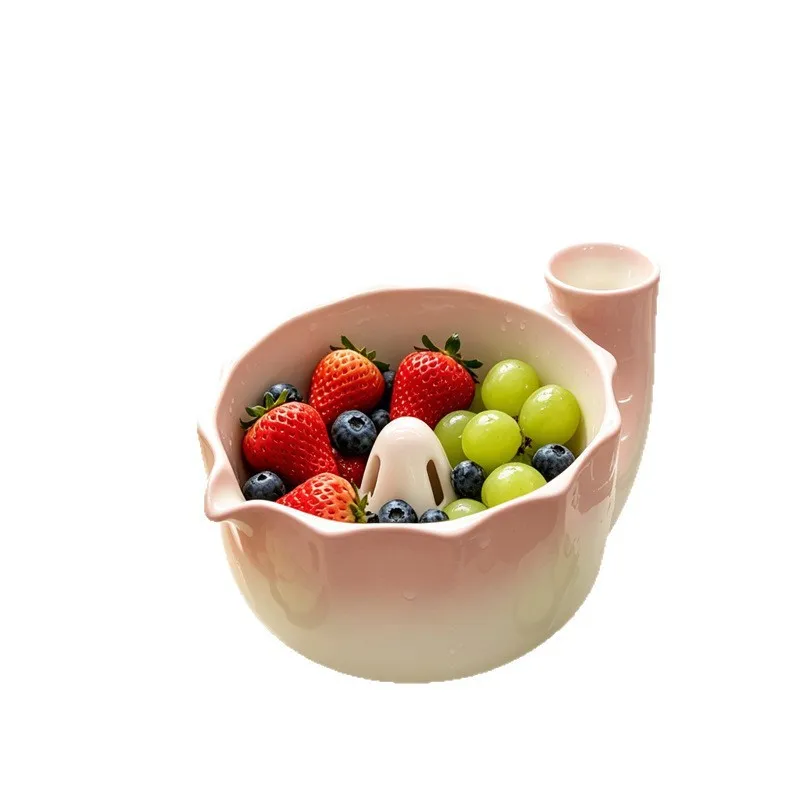 Automatic Swirl Ceramic Berry Bowl with Water Injection Port, Fruit Colander for Strawberry Blueberry,Creative Kitchen Tableware