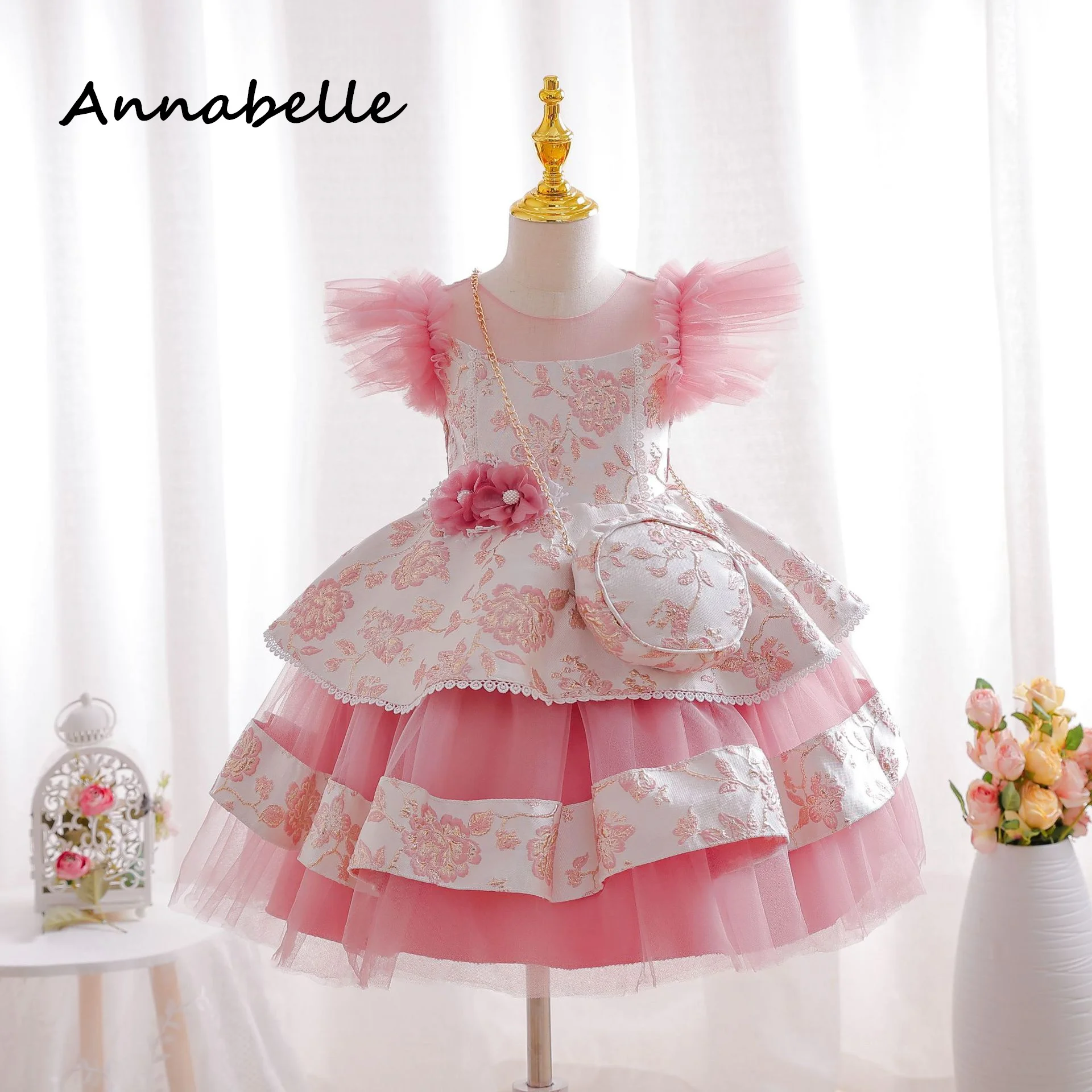 Annabelle Flower Puffy Dress for Baby Girl, vestido arco para festa de casamento, roupas coloridas para crianças