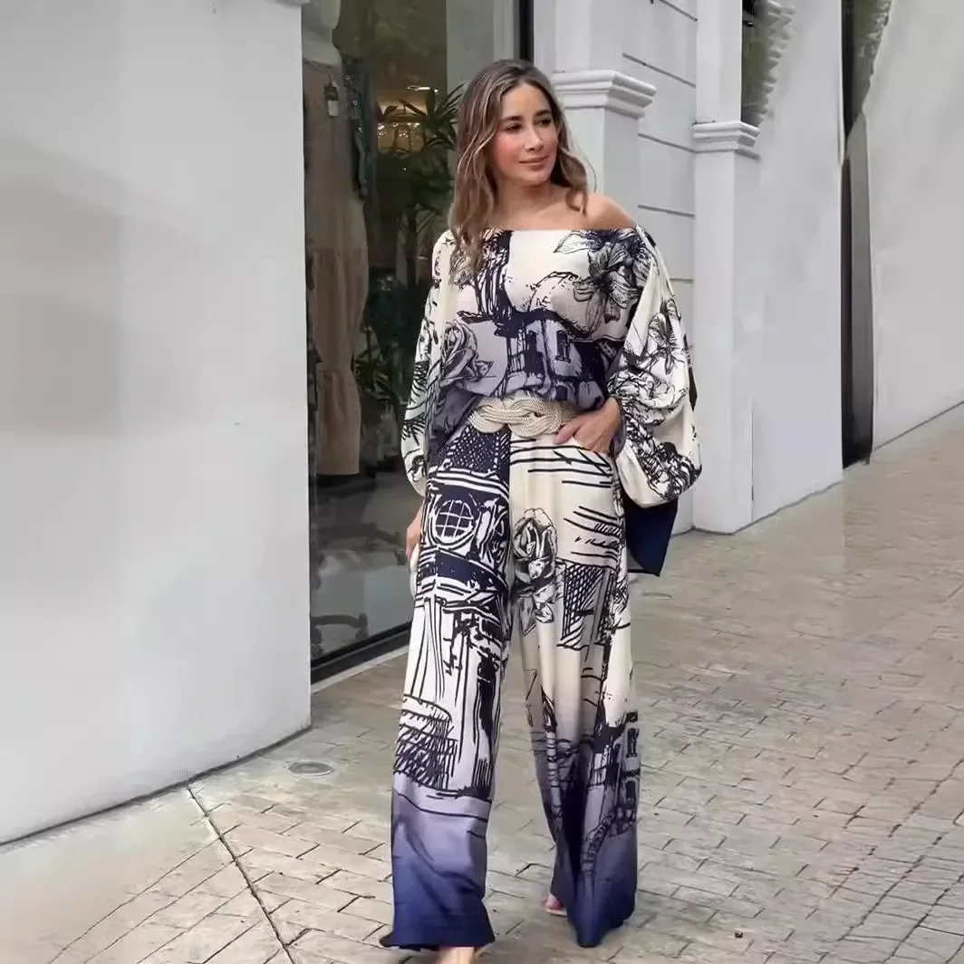 Fato de manga batwing para mulheres, calças compridas, roupas soltas, elegante e casual, roupas femininas da moda, novo verão, 2022