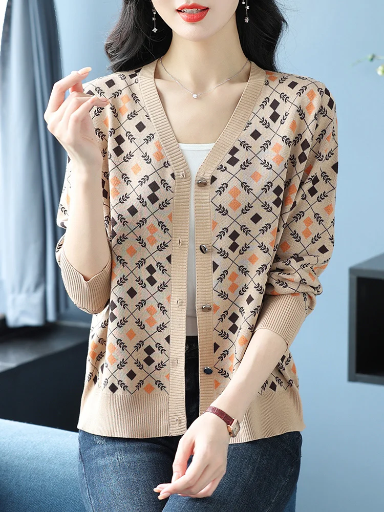 Cardigan imprimé à manches longues pour femmes, pull à simple boutonnage, tricots, vêtements pour femmes, printemps, automne