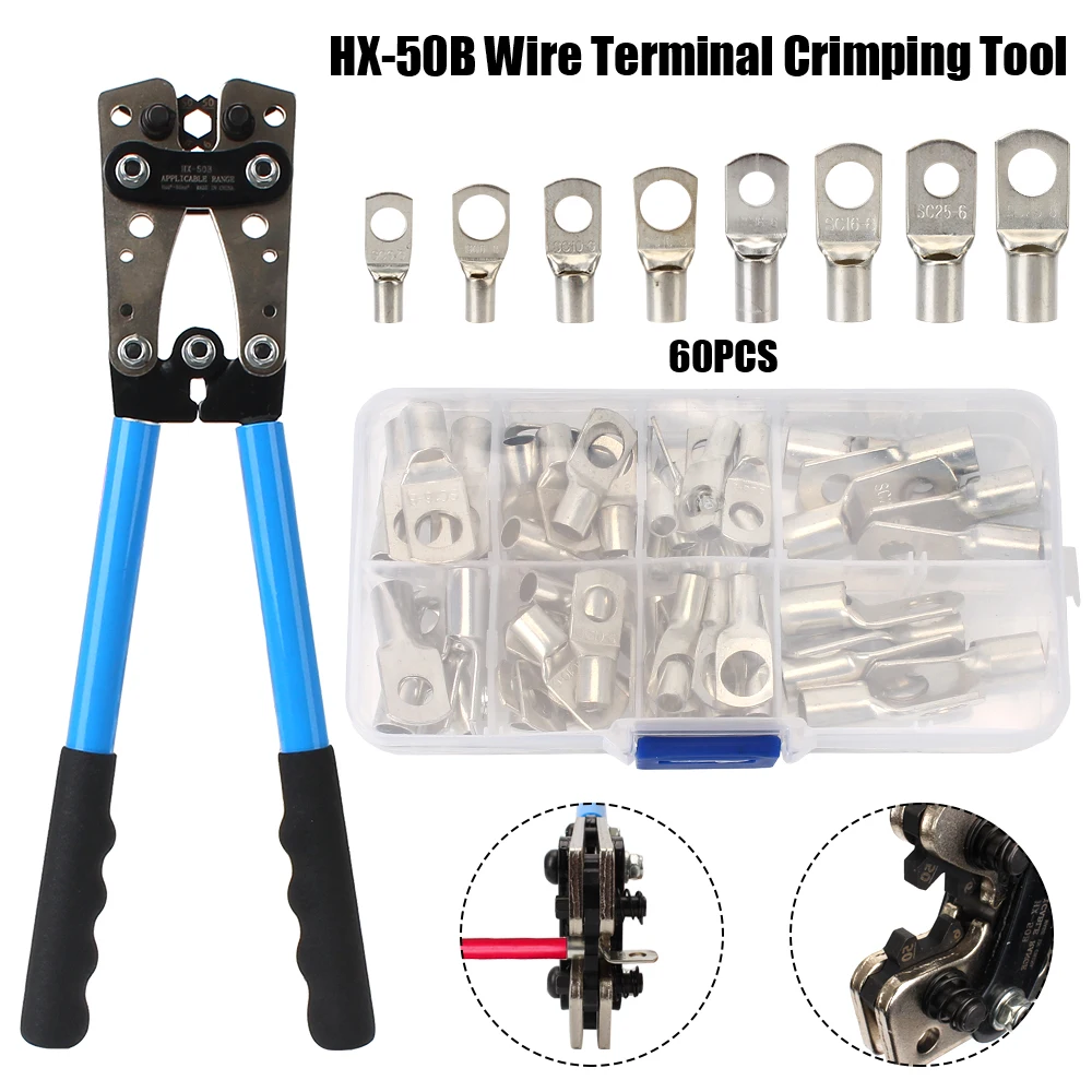 

60pcs Auto Copper Ring Terminals Wire Crimp Connector Battery Terminal HX-50B Crimping Pliers Soldered Connector Kit