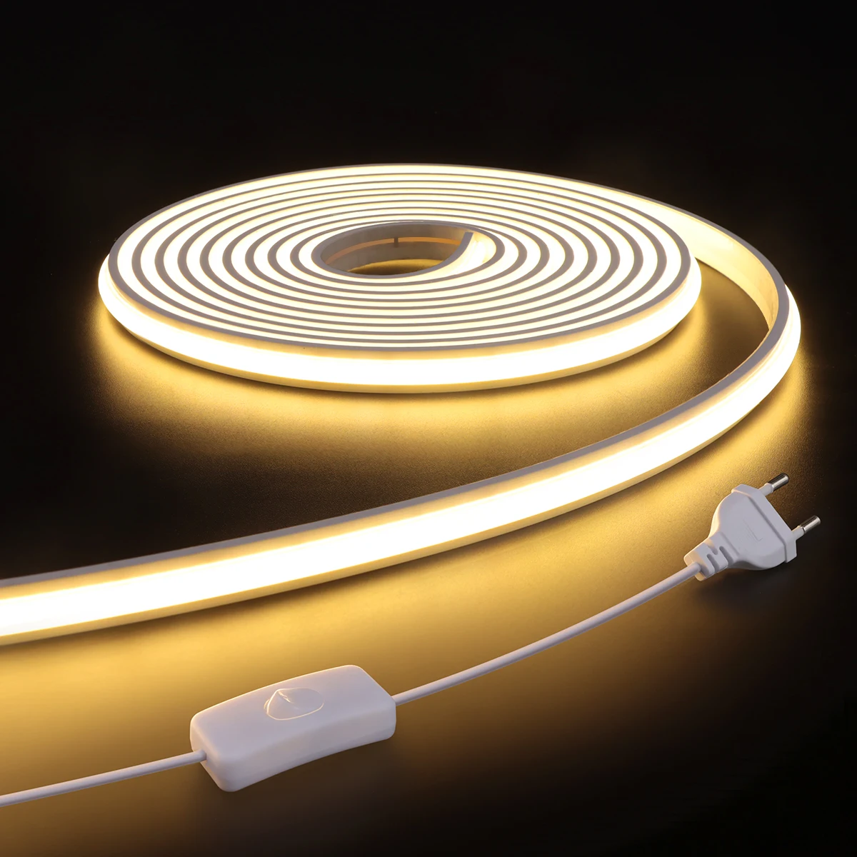 Fireproof Silicone LED Neon Light Strip 220V EU Plug In Self-Adhesive Even Glow COB LED Tape For Room Kitchen Outdoor Garden