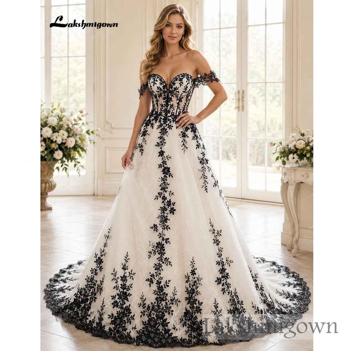 Lakshmigown Gothic Schwarzes Spitzen-Hochzeitskleid, schulterfrei, mit Herzausschnitt, Korsett, A-Linie, Hofschleppe, Brautkleid für Damen, maßgeschneidert. – Detail 5