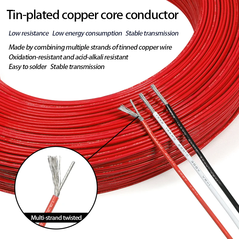 5m/10m Black Red 1332 PTFE Wire FEP Insulated 30 28 26 24 22 20 18 16 14 13 12 11 10AWG High Temperature Tinned Copper Cable image 3
