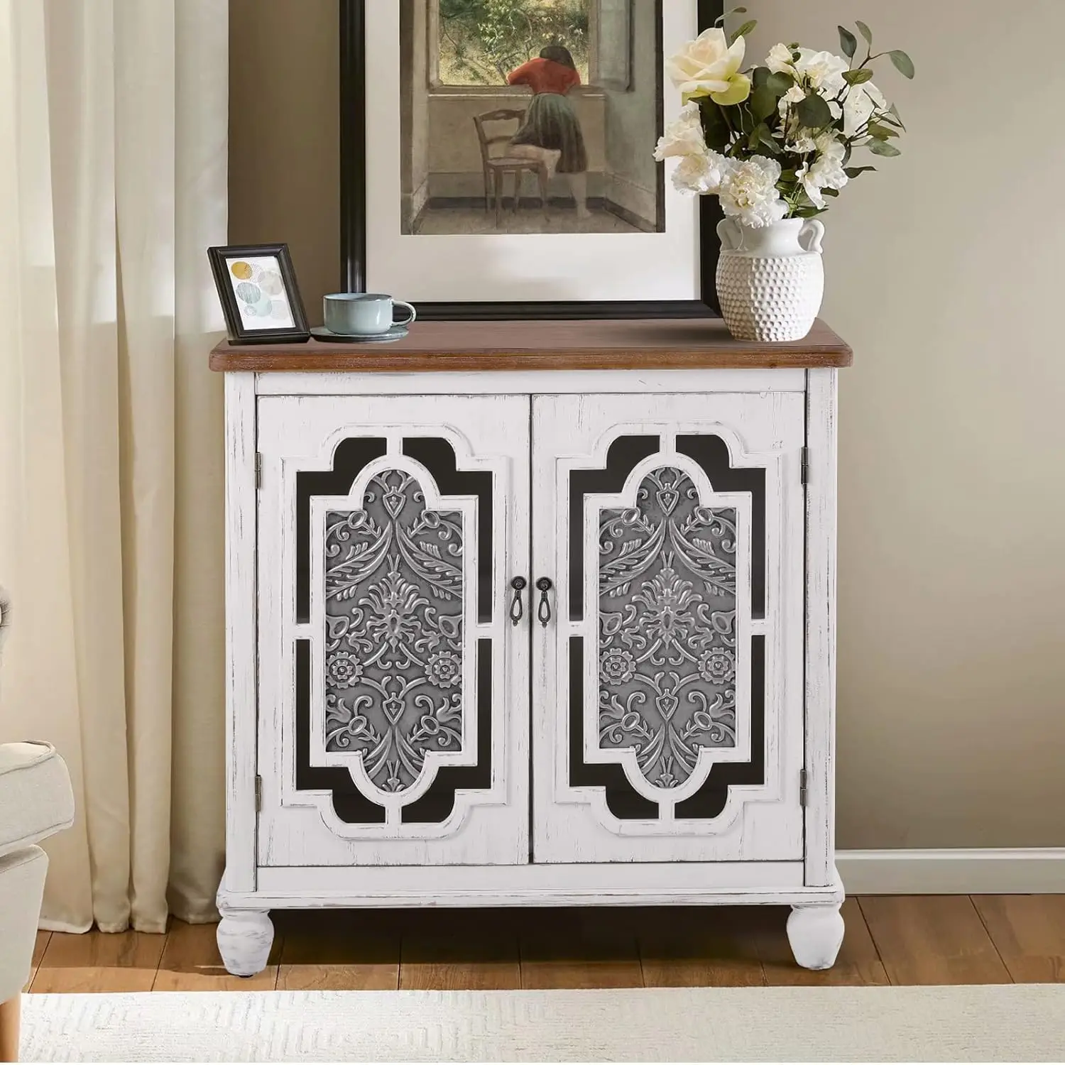 White Accent Cabinet with 2 Doors, Metal Embossing Pattern Farmhouse Decorative Storage Cabinet with Solid Wood Legs