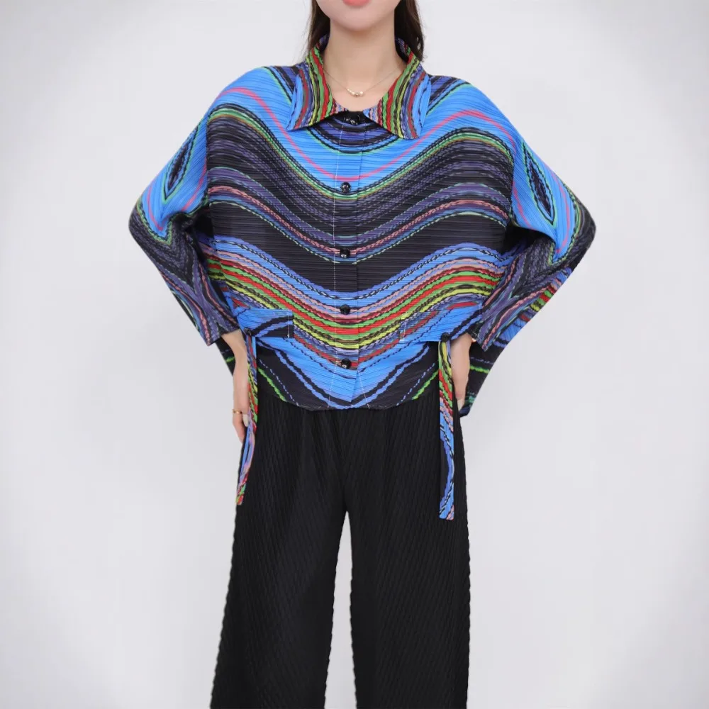 

Miyake новая весенне-летняя плиссированная женская рубашка с лацканами и длинными рукавами, свободная винтажная футболка большого размера, модная уличная одежда