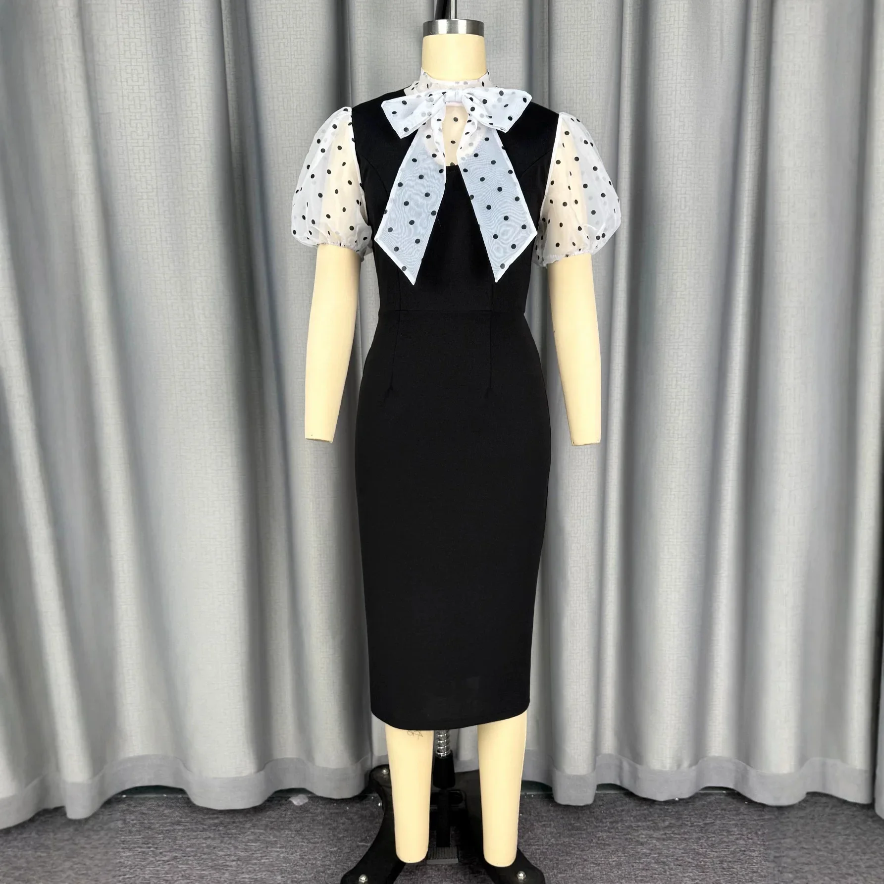 African Women Dress Bow Lace Up Collar Patchwork Sheer Mesh Polka Dot Short Puff Sleeves Office Business Party Graduation