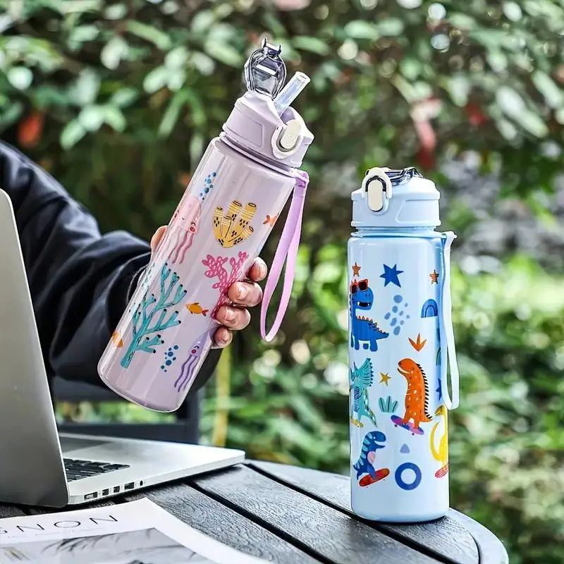 800ml Dinosaur Rainbow Straw Cup Cute Water Bottle Outdoor Camping Picnic Portable Large Capacity Washable Reusable Lightweight