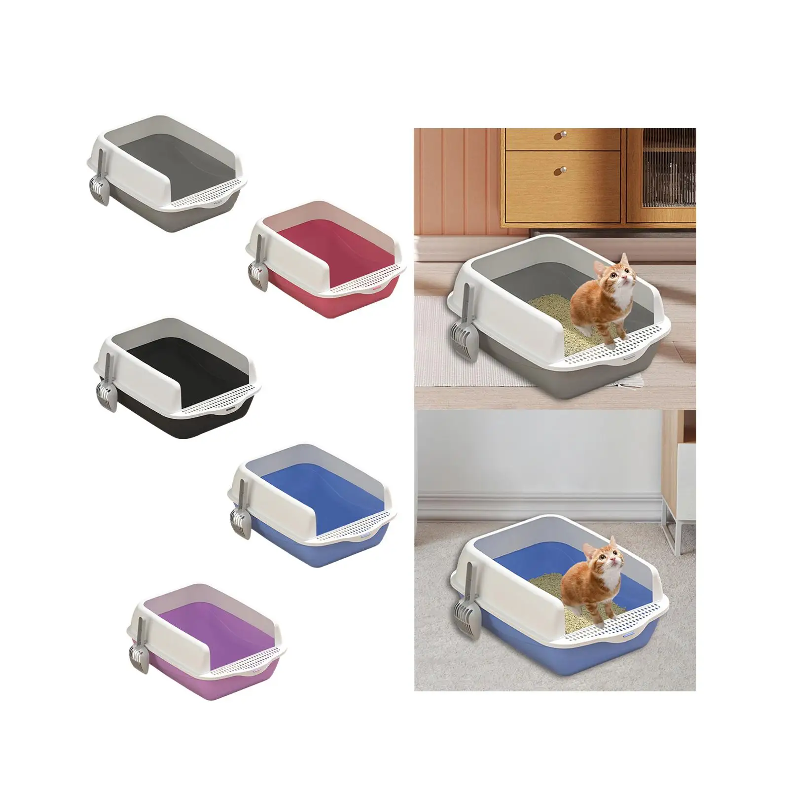 

Cat Toilet Semi Closed Easy to Clean Supplies Detachable Tall with High Side Sturdy Splashproof Cat Litter Tray