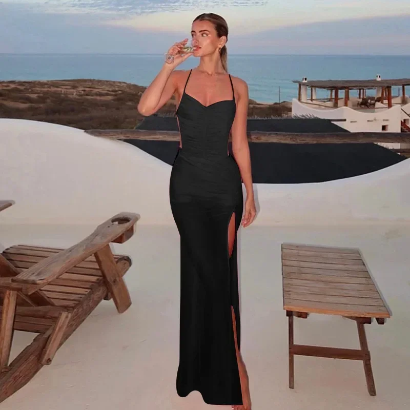 Women Elegant Ruched Long Dress Fashion Sexy Summer Club Evening Party Maxi Dresses Mesh Backless Split Sleeveless Vestidos