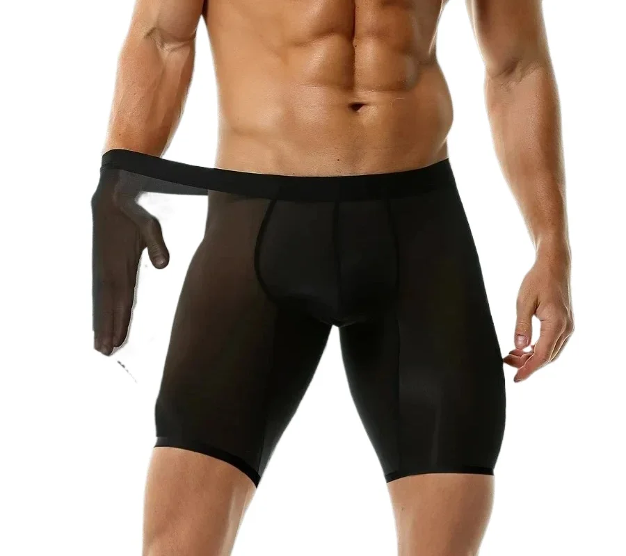 Men's Boxy Underwear Legs Trunks Seamless Ice Silk Sheer Elastic Quick Dry Extend Sports Panties Mid Waist U Convex Pouch Boxers
