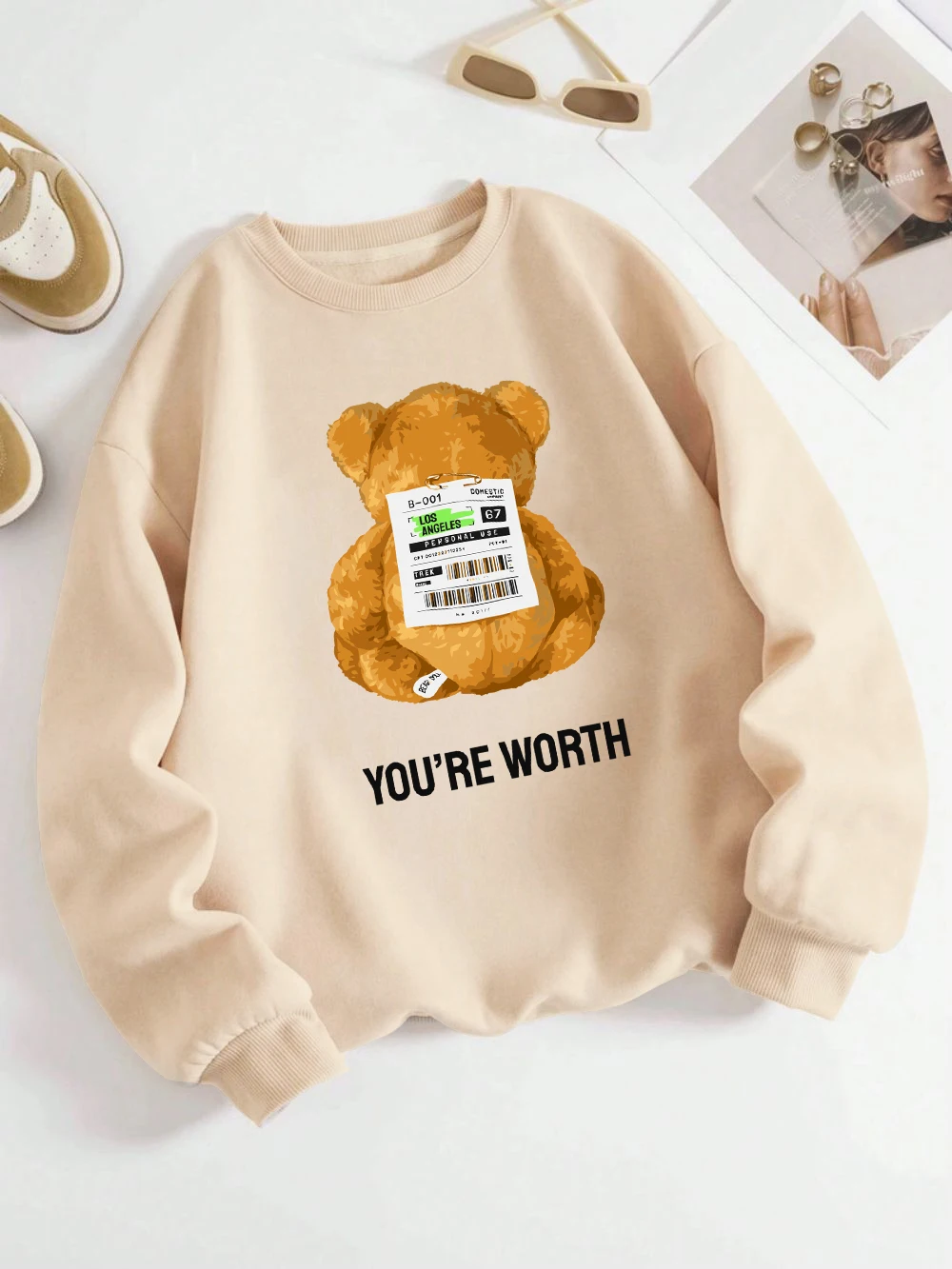 Stuffed Bear Sweatshirt Women You'Re Worth Letter Prints Hoodie Crewneck Loose Fleece Warm Tops Winter Comfortable Woman Clothes