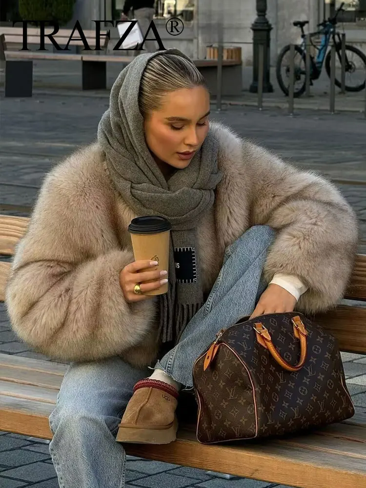 HH Vrouwen Mode Effen Nepbontjas O Hals Lange Mouw Cropped Jas Herfst Winter Vrouwelijke Mode High Street Bovenkleding