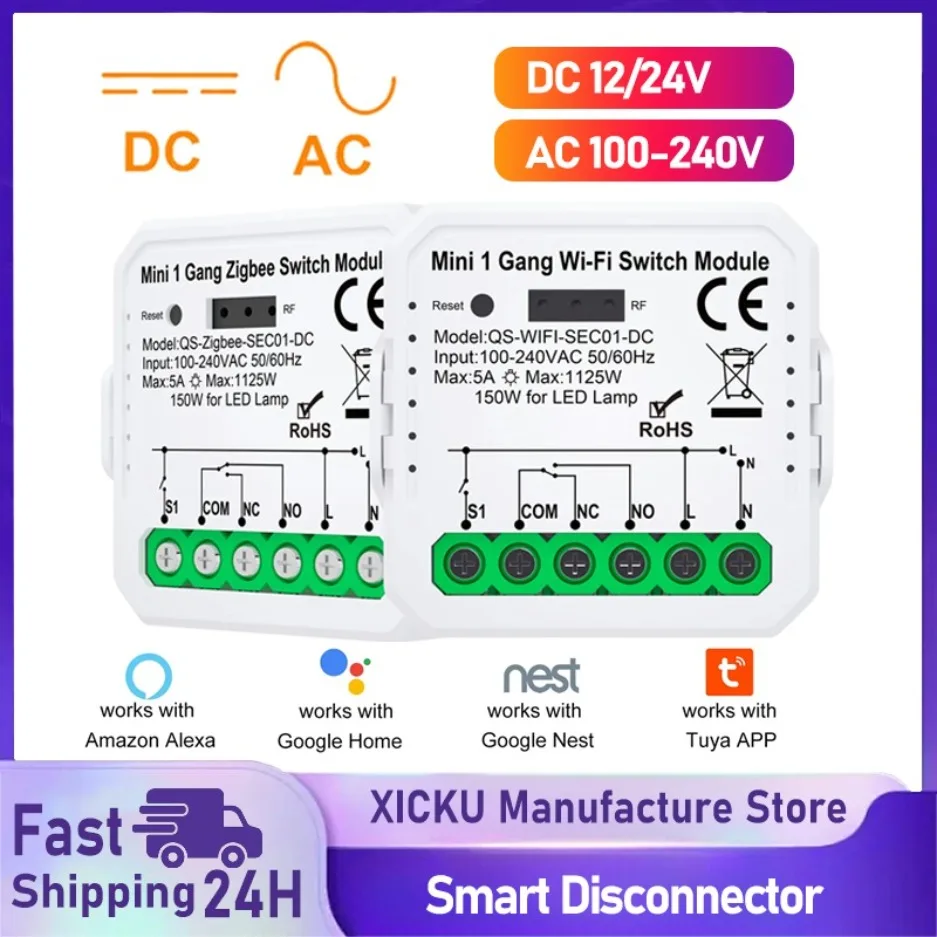 

Tuya ZigBee WiFi Smart Switch Module Dry Contact DC 12/24V AC 100-240V Smart Home DIY Breaker Relay Work With Alexa Google Alice