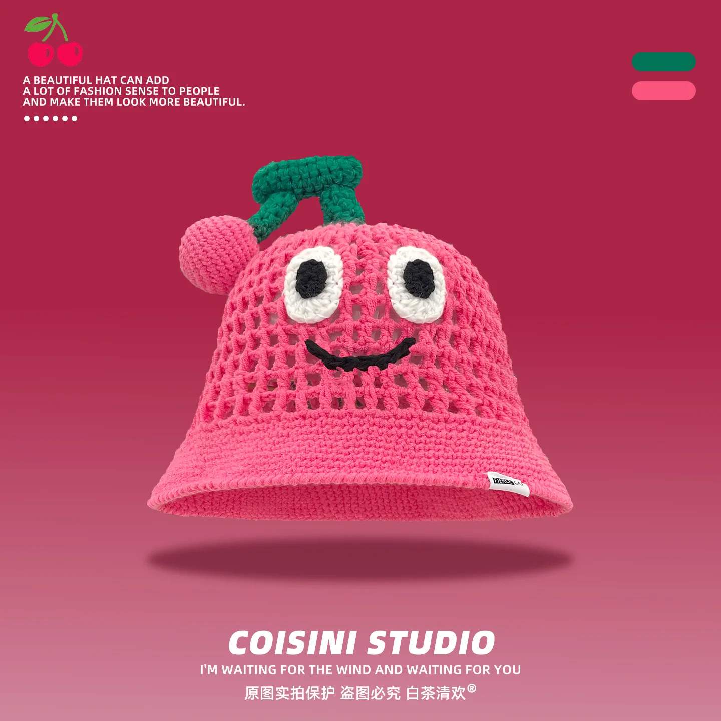 Fashion Head Headwear Cap Hugger Toque Stocking Watch Cute Cherry Woolen Hat Children Summer Women Girl crocheted Fisherman 2M68