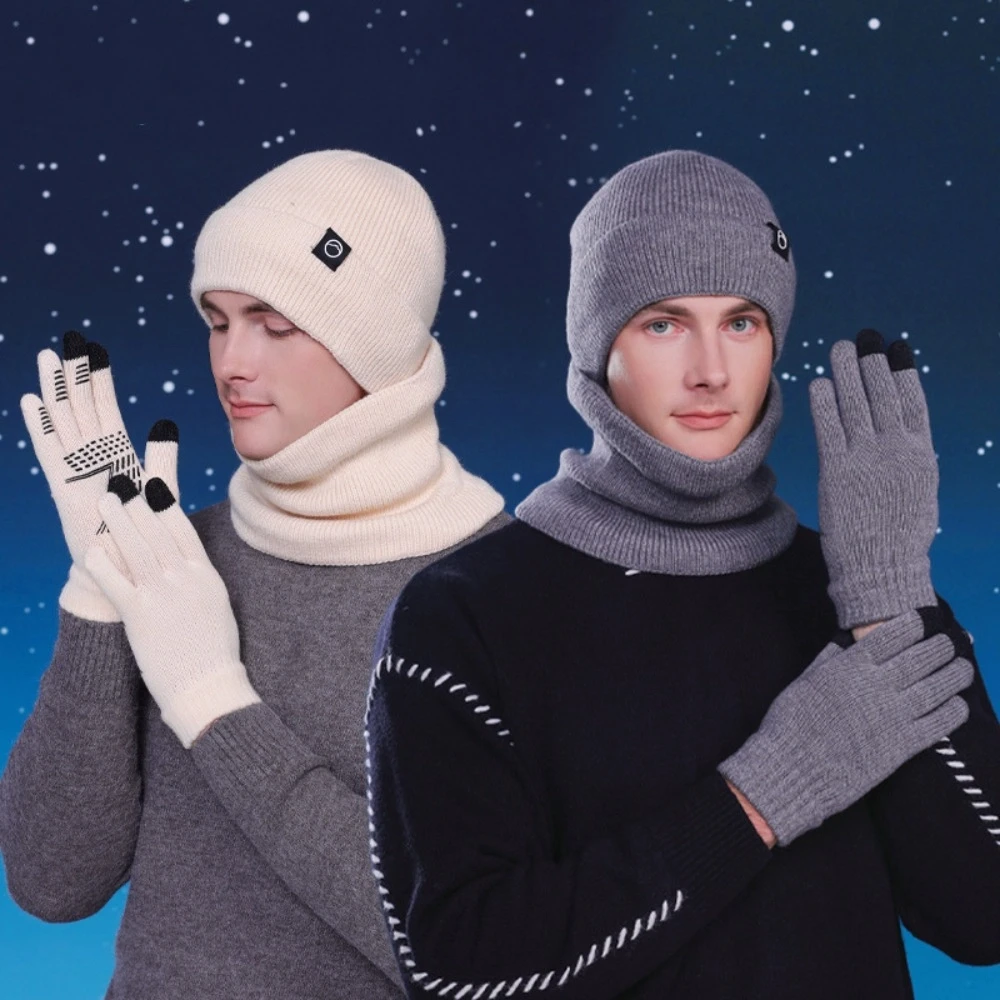 Warm Cap Winter Glove Cap Set Korean Style Bucket Hat Knitted Hat Gloves Scarf 3Pcs Set Solid Color Solid Beanie