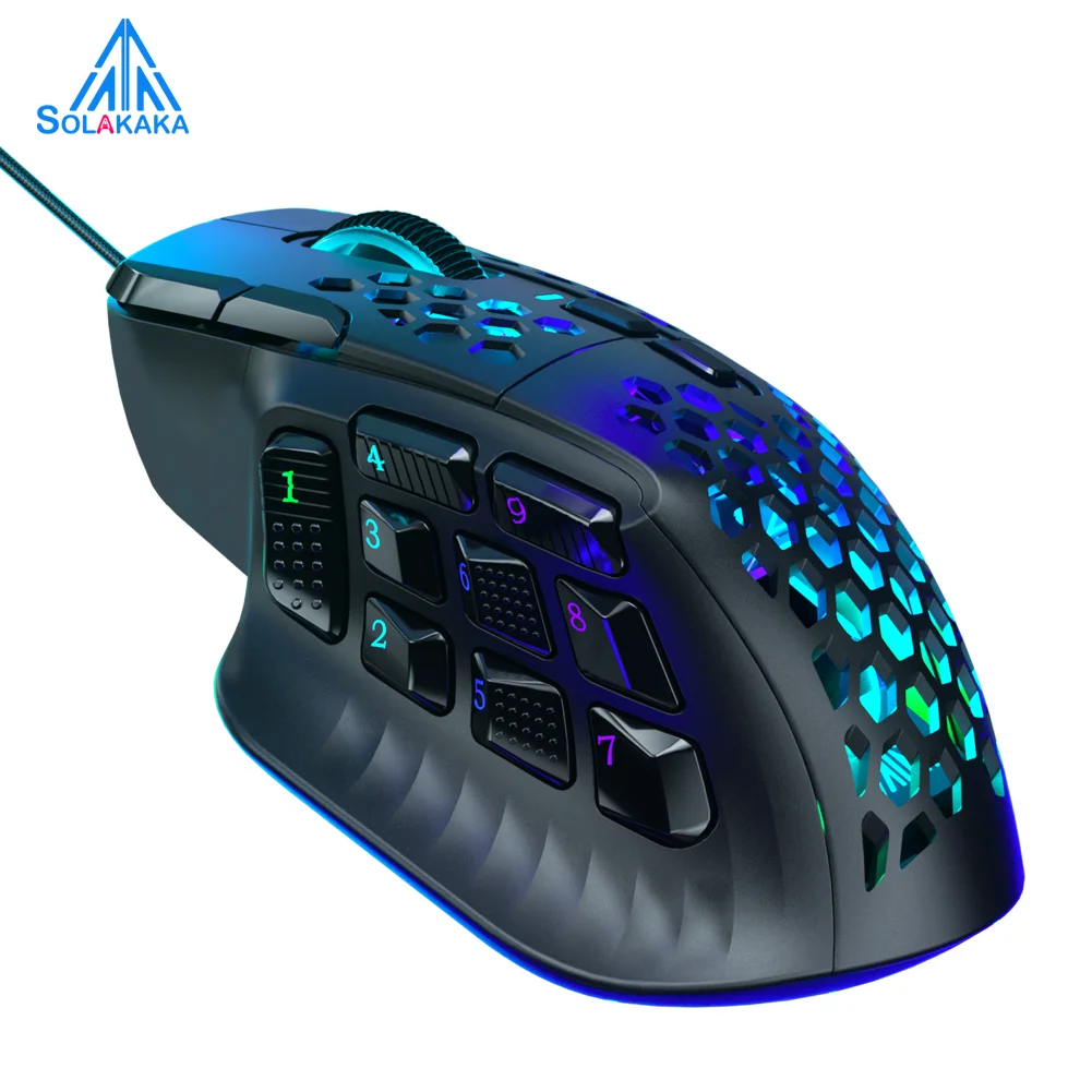 SOLAKAKA SM809 Wired Gaming Mouse 16 Side Buttons 22800 DPI Programmable Macro MMO Esports Mouse Heneycemb Ergonomic RGB Backlit