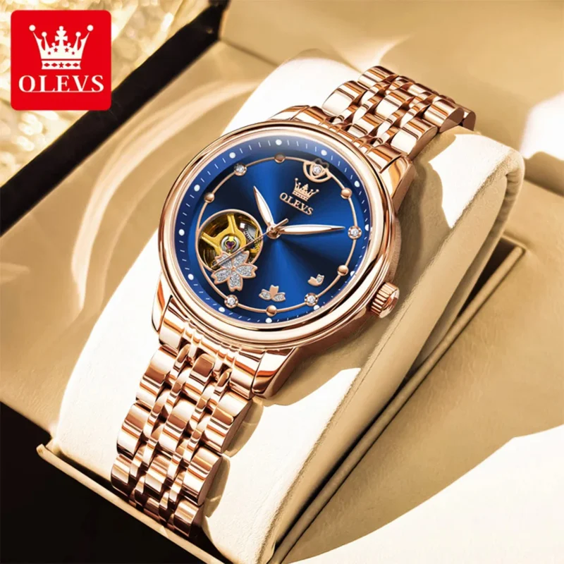 OLEVS 6732 New Womens Watch Luxury Skeleton Mechanical Watches Waterproof Luminous Watches Women Set Bracelet