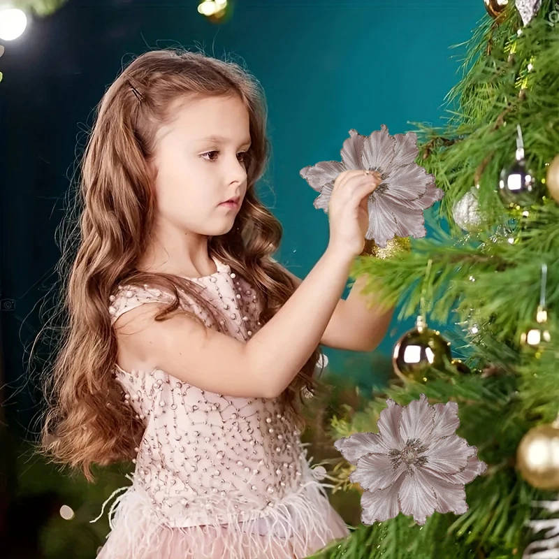 رؤوس زهور عيد الميلاد، زهور صناعية لامعة، زينة شجرة عيد الميلاد ذاتية الصنع، زينة حفلات عيد الميلاد، ديكور منزلي للعام الجديد #5