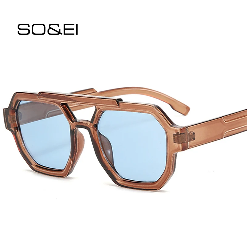 SO&EI Retro Double Bridges Women Polygon Square Sunglasses Fashion Blue Purple Men Shades UV400 Sun Glasses