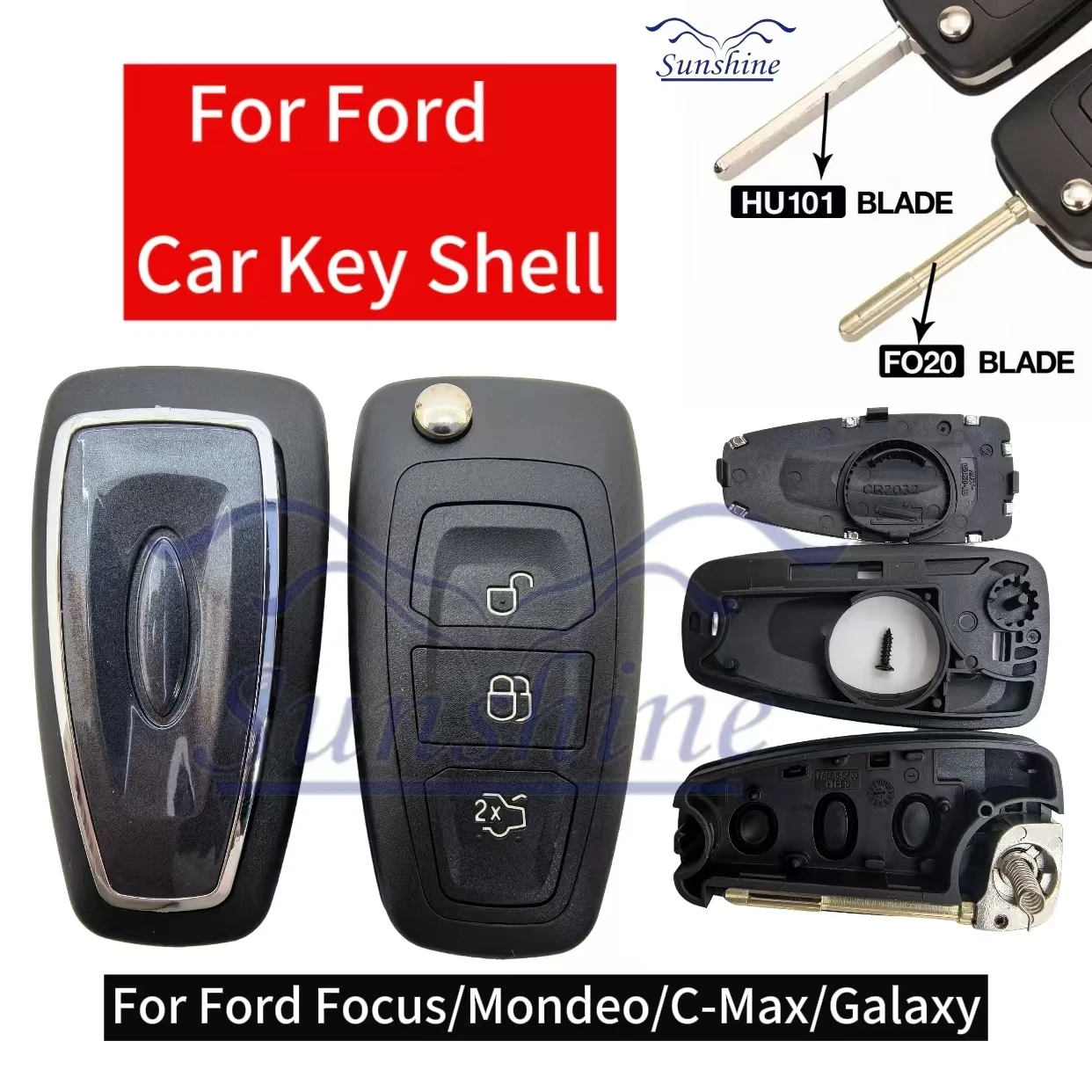 Sunshine 3 Button Car Shell Remote Fob Full Key Case Cover Procter Shell Black For Ford Transit Connect Custom Focus C-Max