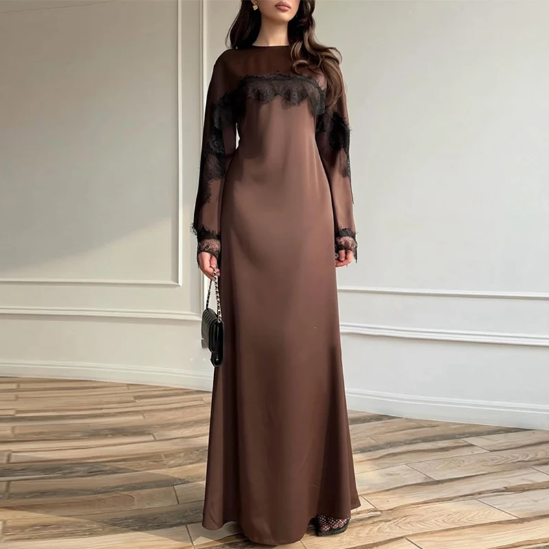 Luxuriöses Damen-Maxikleid aus Satin, bodenlang, elegantes, einfarbiges, langärmeliges Bankettkleid, temperamentvolles, hochtailliertes, plissiertes Kleid