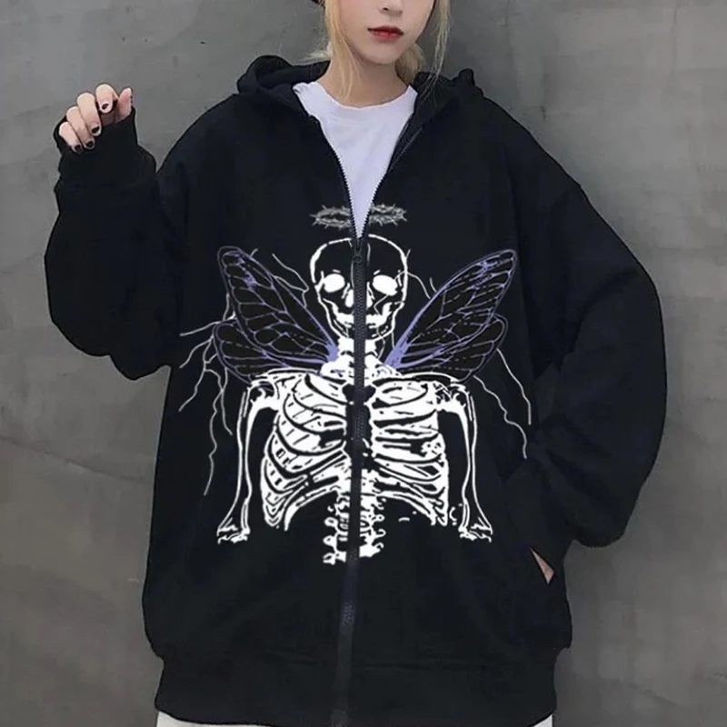 

American Fashion Hip-hop Harajuku Skeleton Print Zip Up Hoodie Couple Y2k Gothic Long-sleeve Oversized Sweatshirt Hooded Jacket