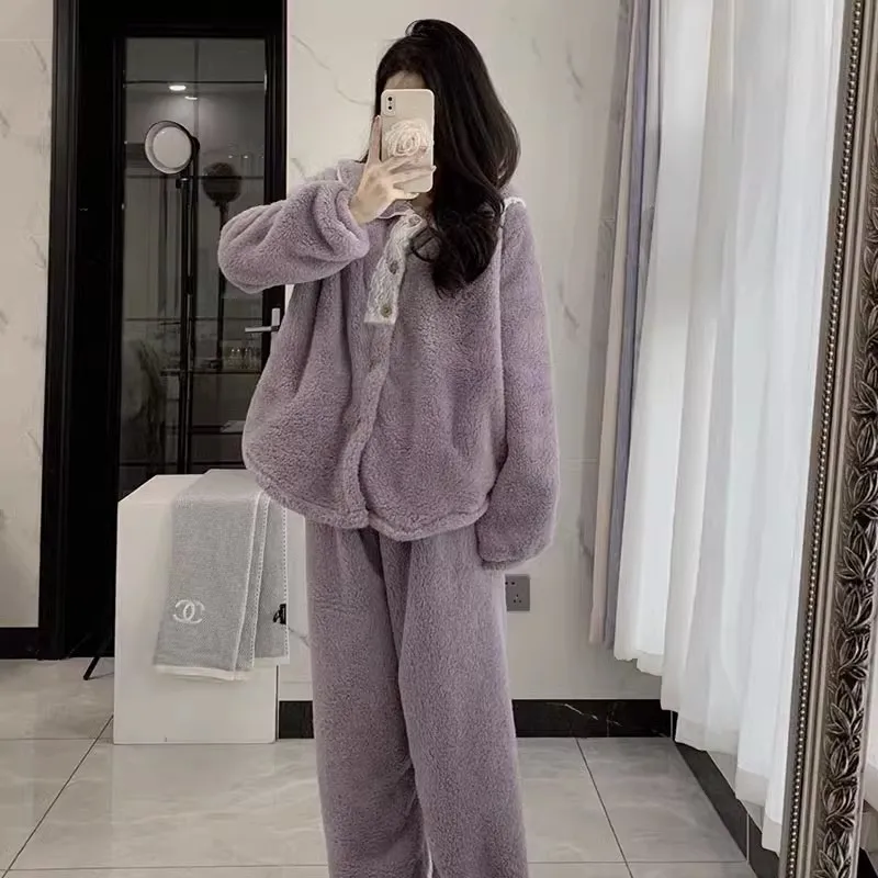 

Winter thick cardigan purple lace velvet 2024 Instagram popular coral velvet pajamas women's plush thick home clothing set