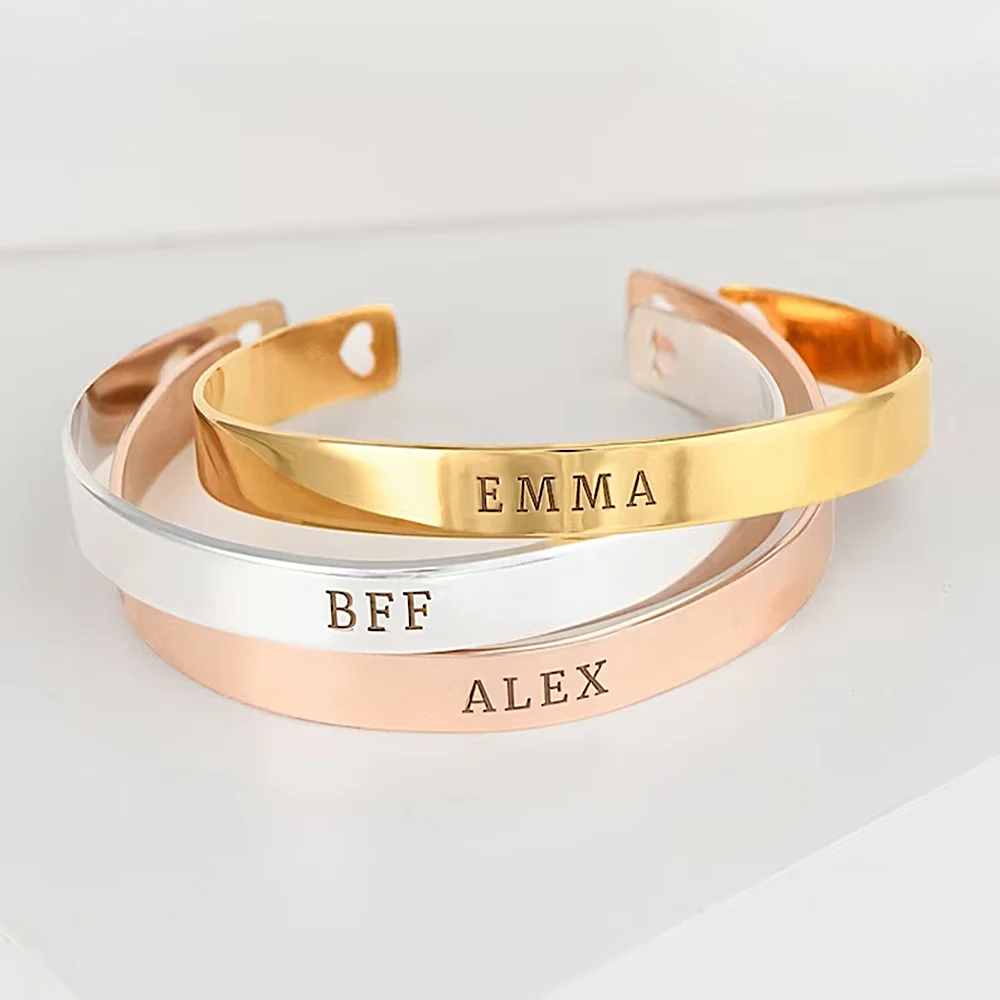 

Custom Engraving Name Open Bangles for Women Fashion Stainless Steel Jewelry Personalized Heart Bracelets Valentine's Day Gifts