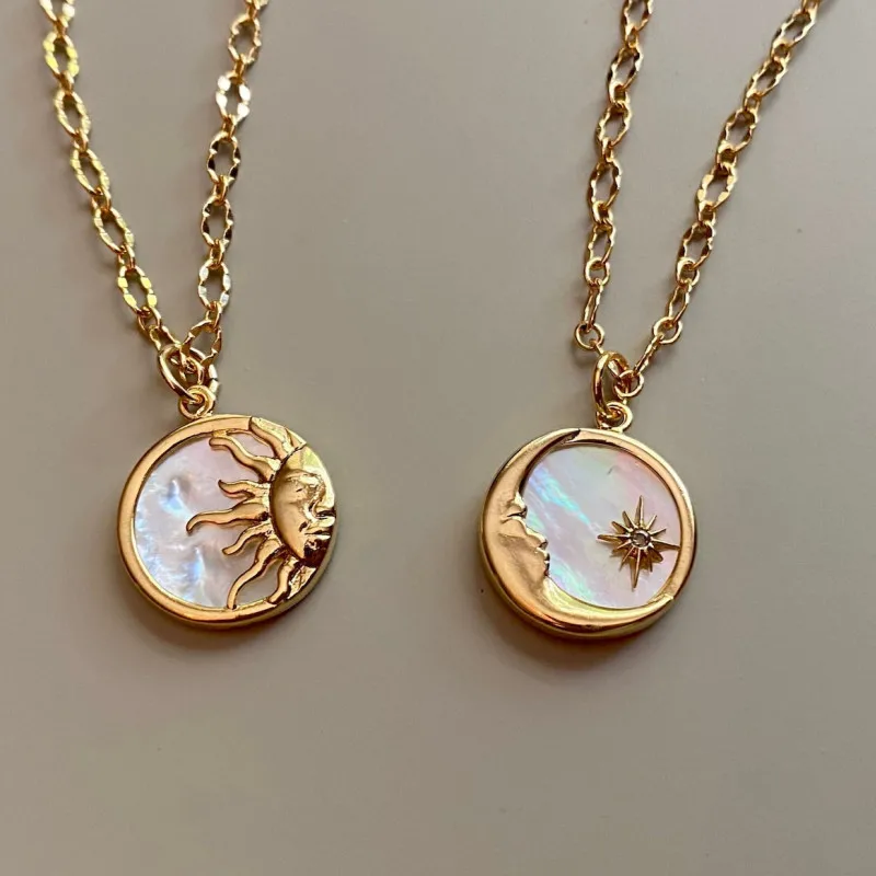 Vintage Natural Shell Enamel Moon Sun Pendant Necklace Female Gold Color Link Chain Chokers Stainless Steel Jewelry Gifts