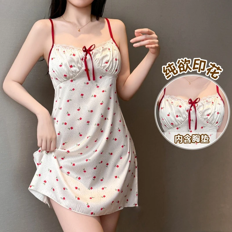 

1pc Summer Sexy Camisole Nightgown with Lace & Padded Bra Thin Korean Polka Dot Sweet Bow Floral Print Dress