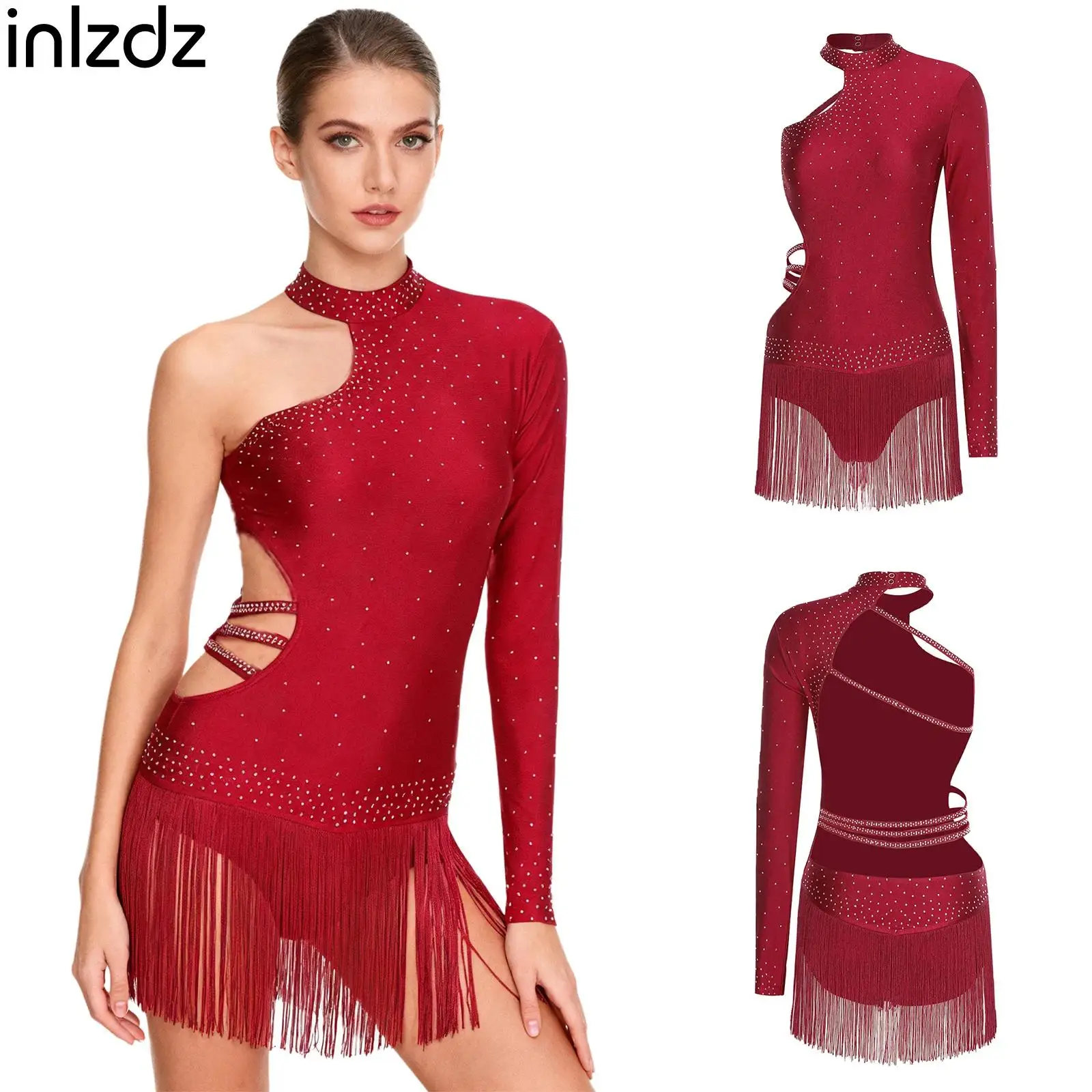 

Latin Cha-cha Dance Bodysuit Womens Single Long Sleeve Waist Openable Crotch Leotard for Tango Samba Proms Skating Dance Clothes