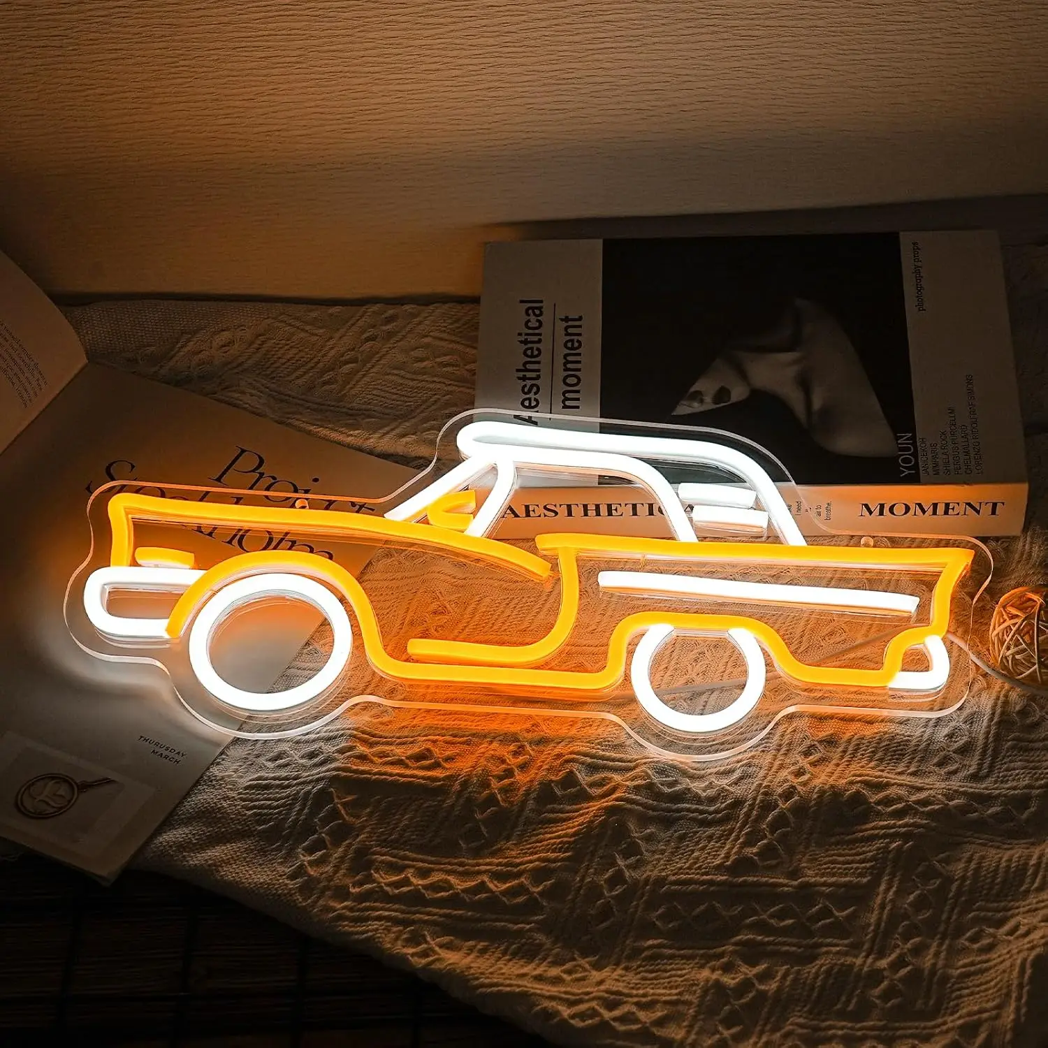 Car LED Neon Sign Golden Yellow White 5/12V USB Powered with Dimmable Switch Bedroom Salon Bar Gym Garage Carpark Decor Retro