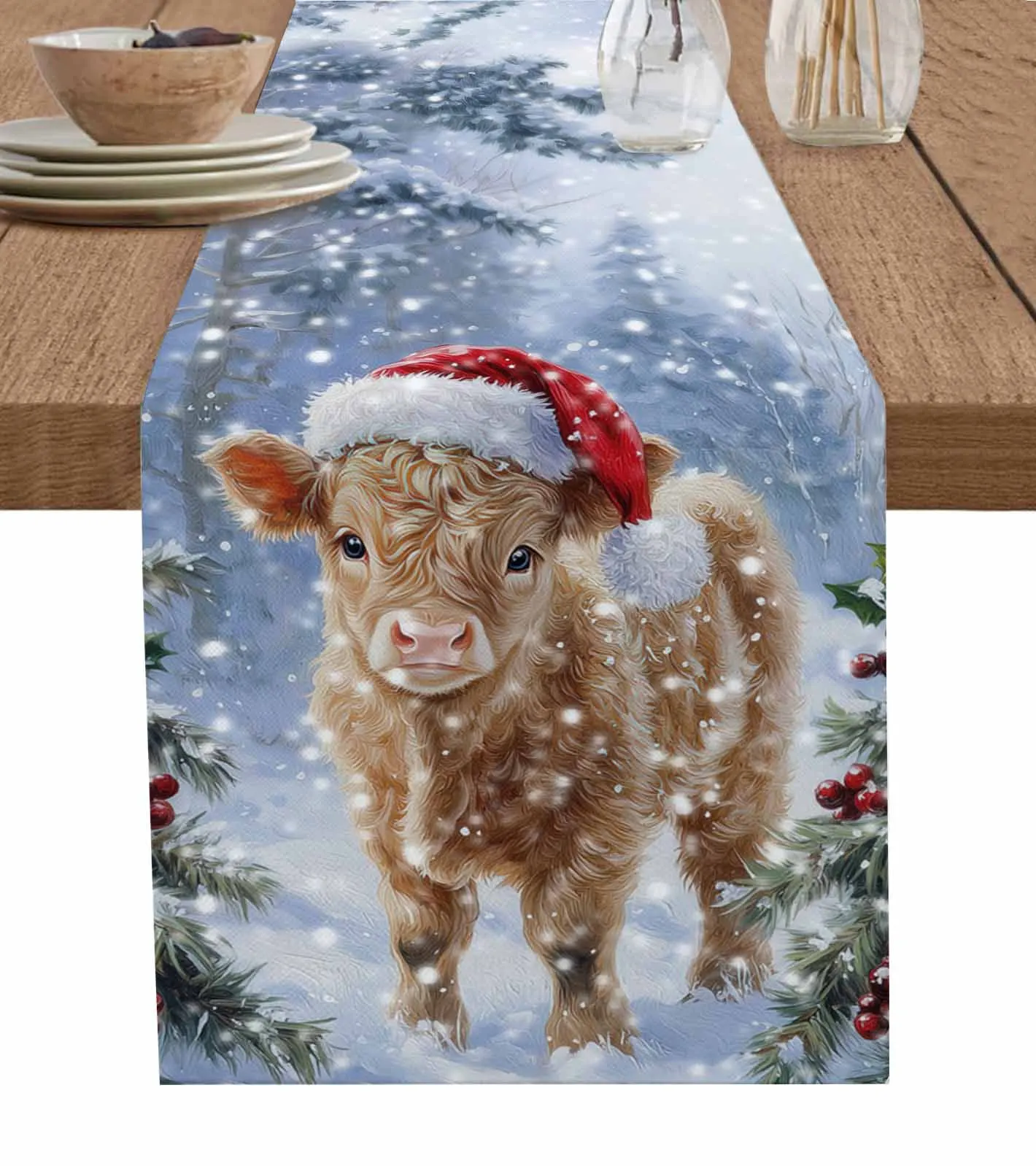 Oil Painting Christmas Hat Highland Cow Table Runner Cotton Linen Wedding Table Decor Tablecloth Kitchen Decor Table Runner