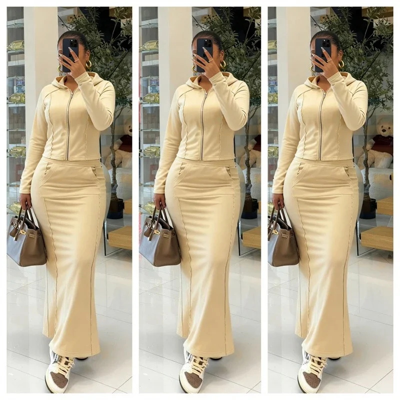 الخريف الشتاء 2 قطعة مجموعة للمرأة الملابس عارضة طويلة الأكمام مقنعين سستة سترة معطف وتنورة طويلة مطابقة مجموعات وتتسابق