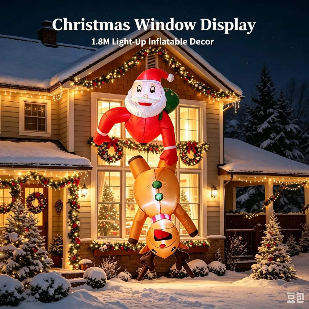 1.8M Inflatable Santa & Reindeer Christmas Window Decor built-in LED Light for Xmas Outdoor Eaves Holiday Party Decoration Props