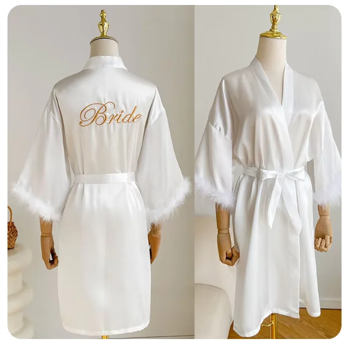 White Bride Wedding Robe with Feathers Women Satin Peignoir Sexy Bridesmids Kimono Gowns Short Bathrobe Bridal Intimate Lingerie