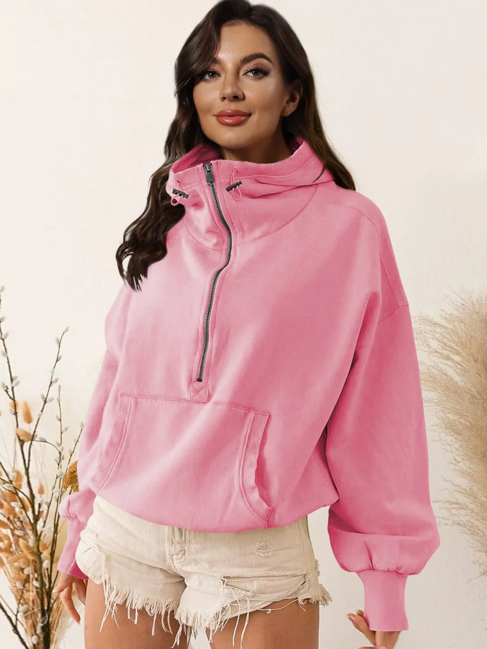 Sudadera con capucha para mujer, abrigo holgado de manga larga con cremallera y bolsillo con cordón, abrigo deportivo de Color sólido, moda Otoño Invierno