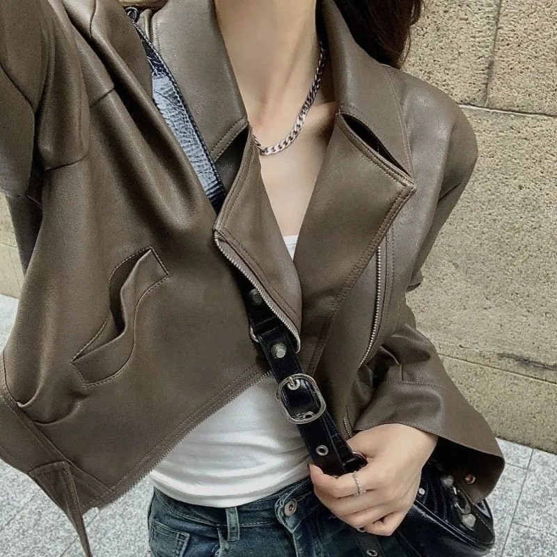 Y2k Women's Short Leather Jacket Spring and Autumn New Style High-end Feel Motorcycle Street Style Petite Leather Jacket