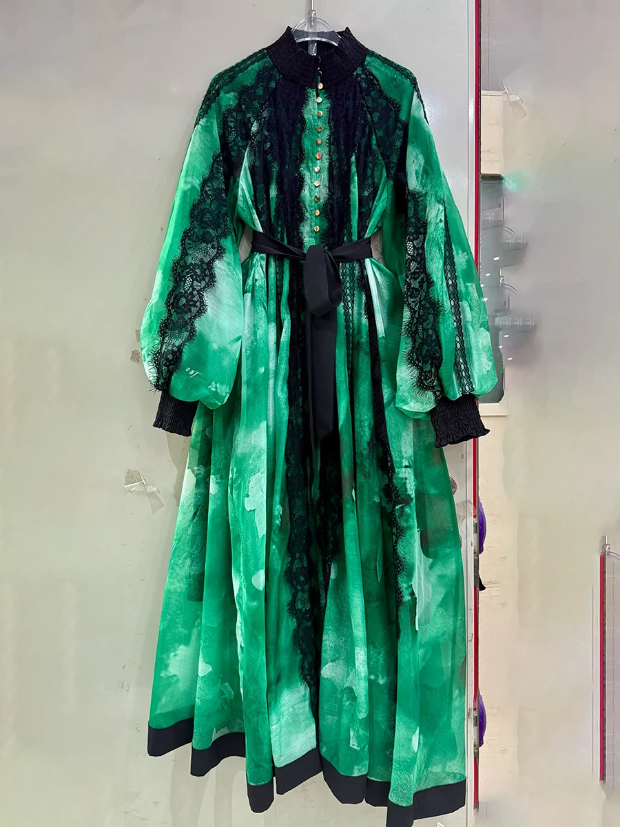 TWOTWINSTYLE Hit Color Sheer Spliced Lace Elegant Dresses for Women High Neck Long Sleeves Patchwork Belt Fashion Dress Female